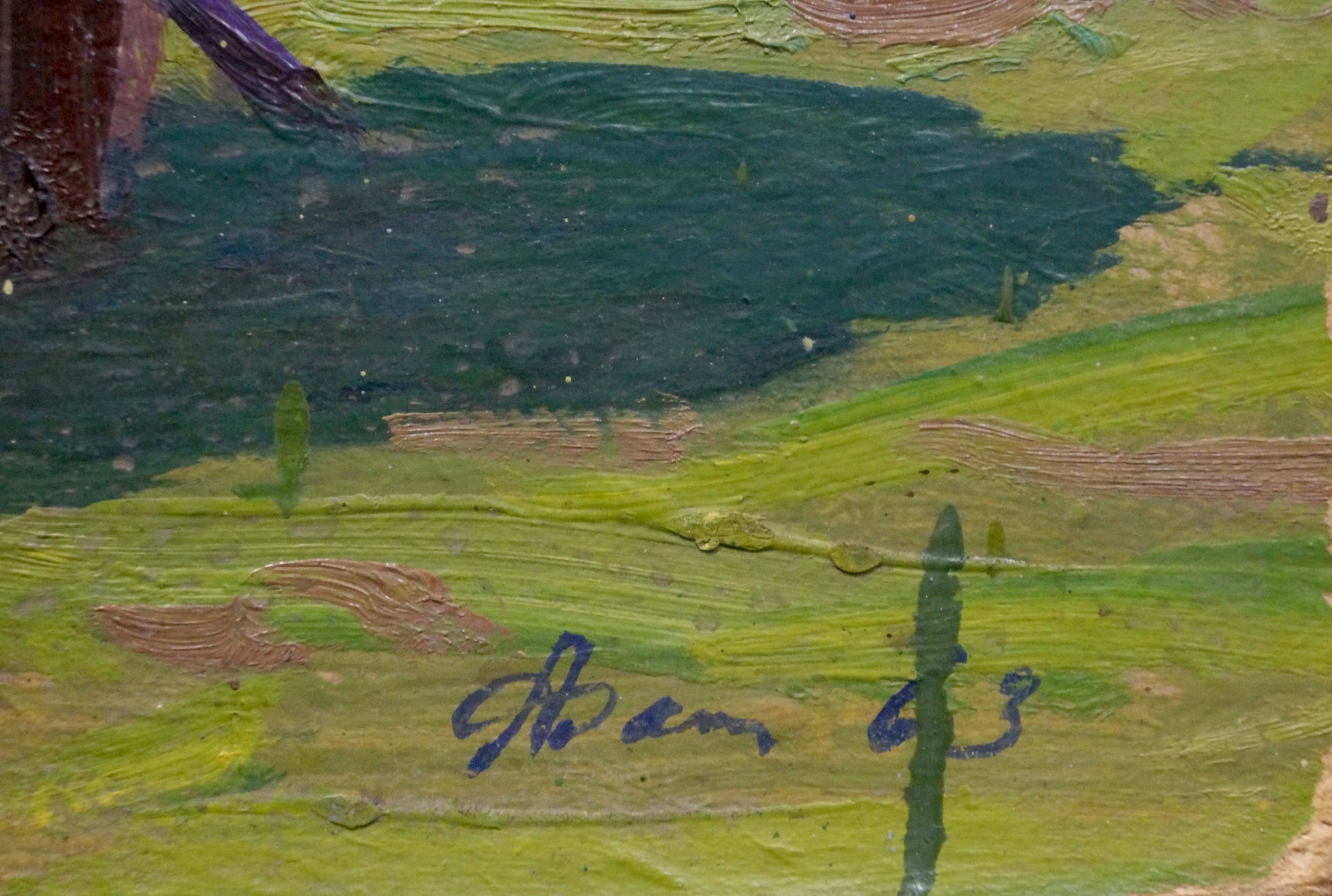 Back of Fomin Anatoly Nikiforovich oil painting mountain landscape with Benn 63 blue ink signature on textured green brown canvas