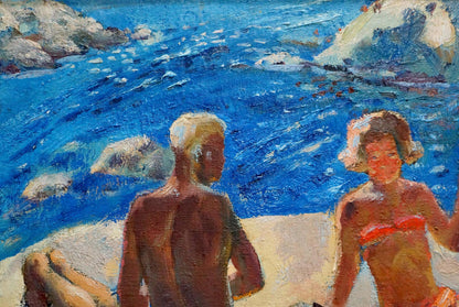 Vibrant impressionist oil painting by Ivan Fedorovich Schultze: couple on sunlit beach