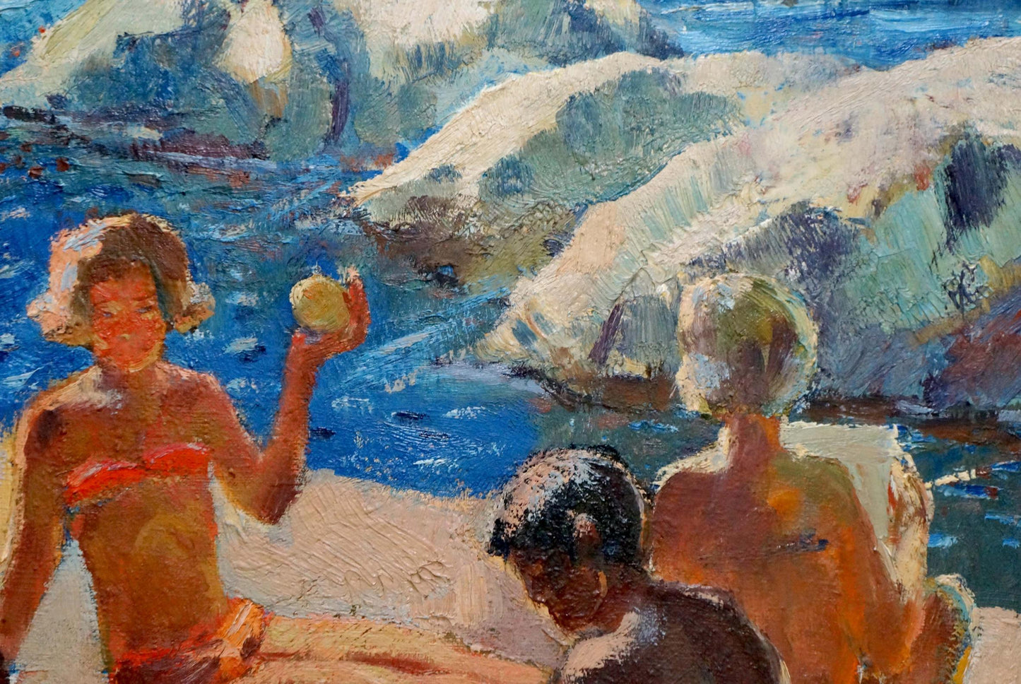 Vibrant impressionist oil painting by Ivan Fedorovich Schultze: beach figures with red bikini woman and orange ball