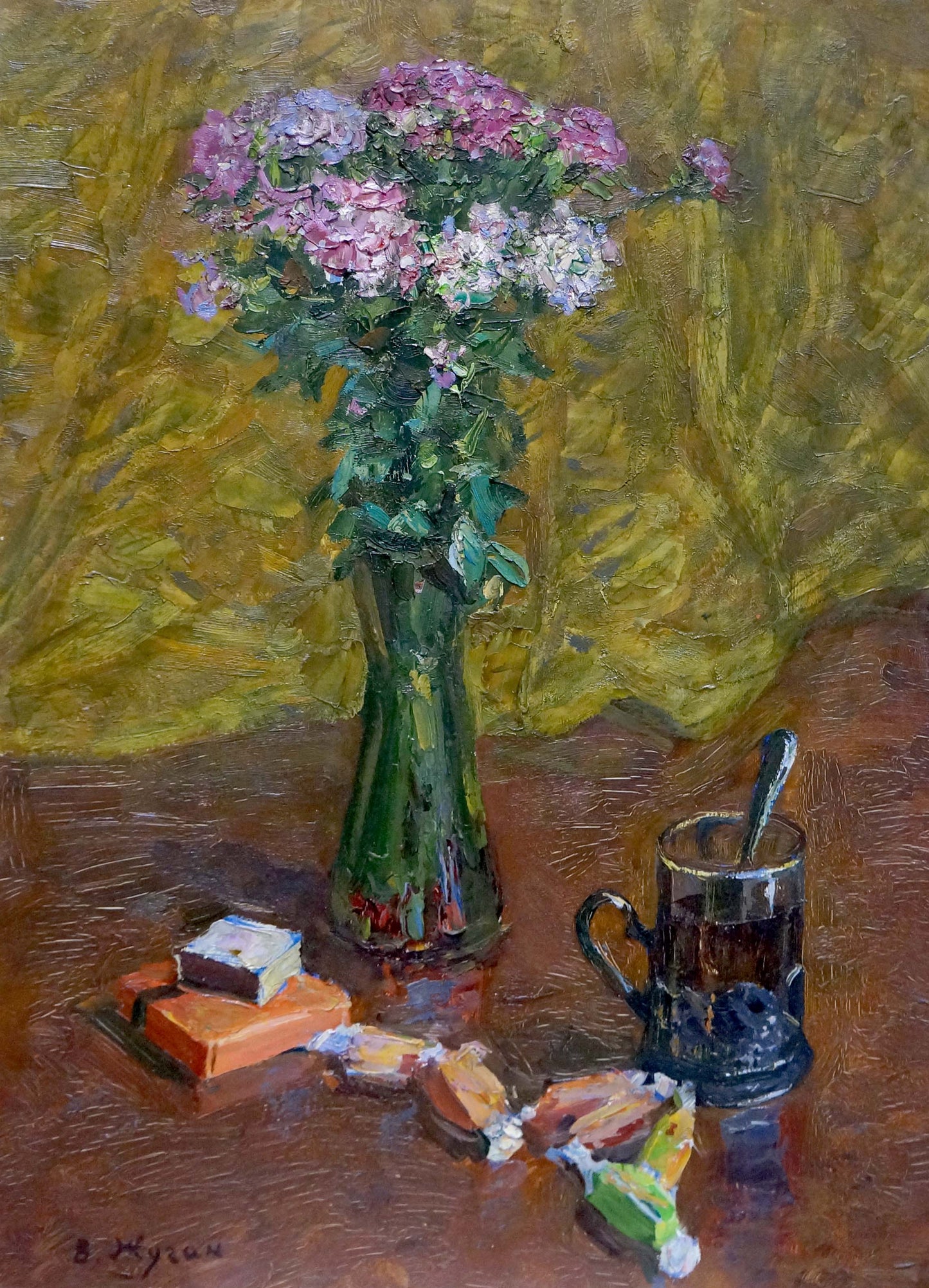 Oil painting of pink white hydrangeas in green vase by Zhugan Vladimir Alexandrovich