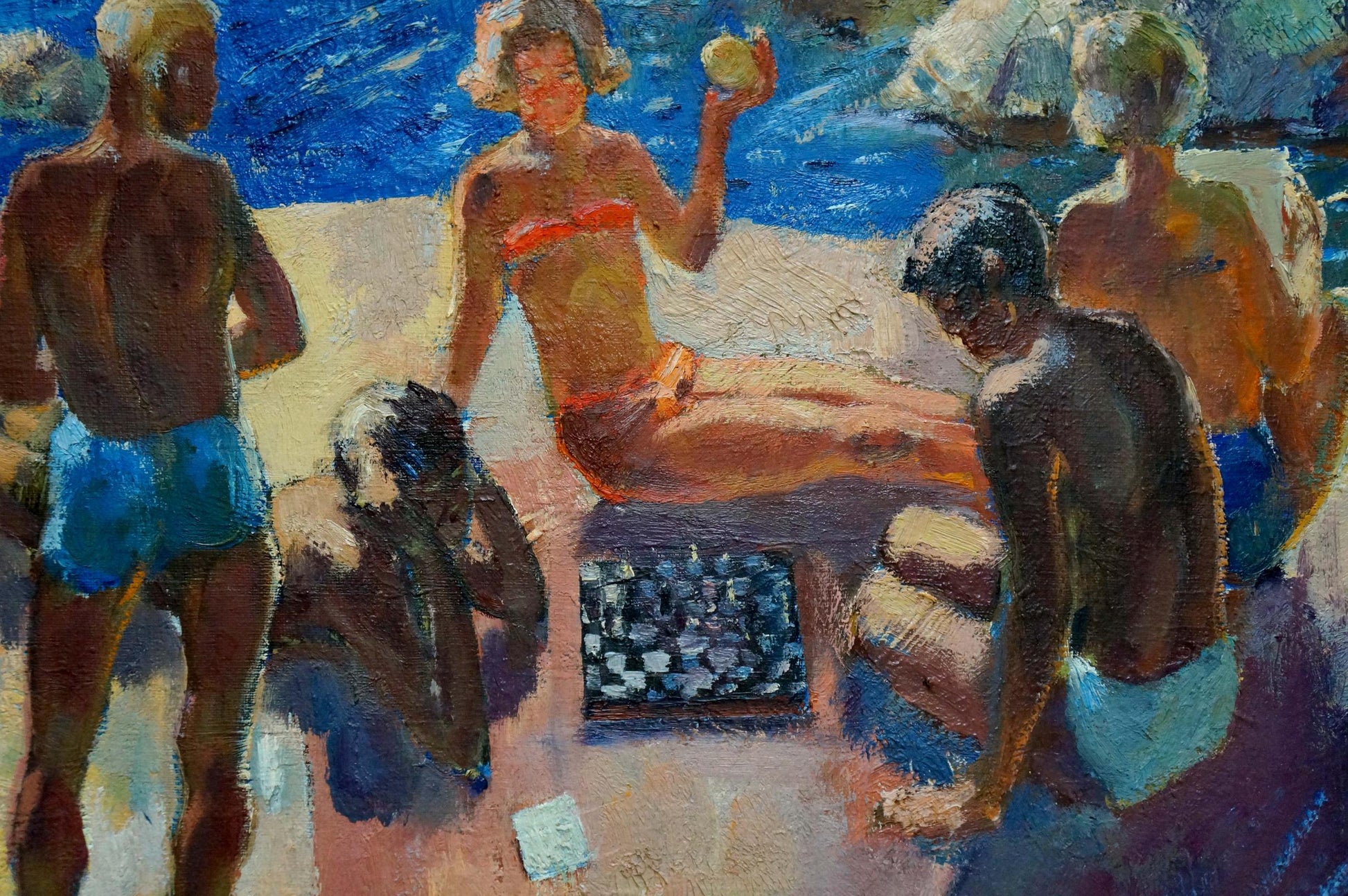 Oil painting of woman in red bikini lounging on beach with apple by Ivan Fedorovich Schultze