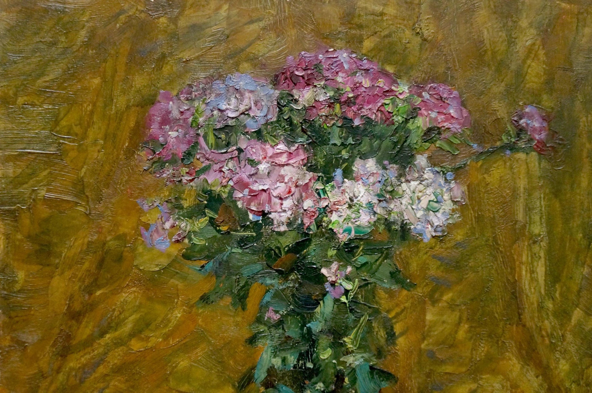 Vibrant pink lavender white hydrangea bouquet oil painting by Zhugan Vladimir Alexandrovich