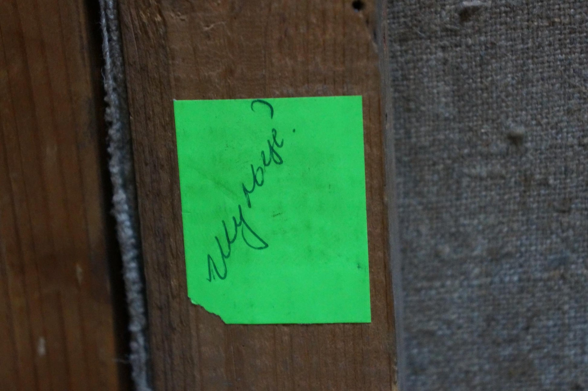 Bright green sticky note on Ivan Fedorovich Schultze oil painting back
