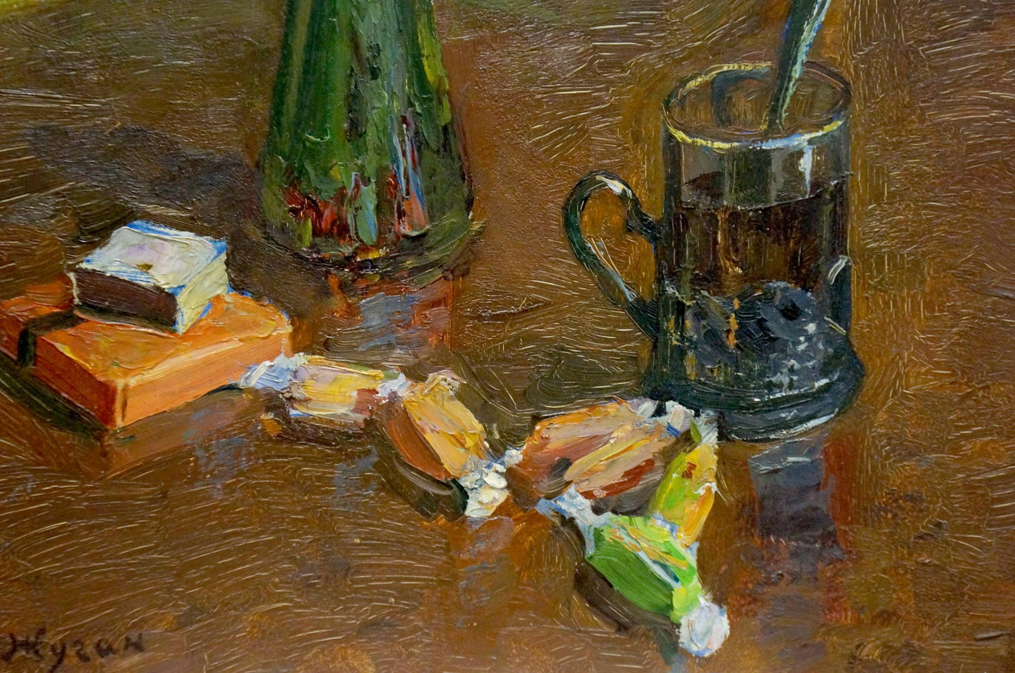 Oil painting by Zhugan Vladimir Alexandrovich: dark textured glass mug with handle and spoon