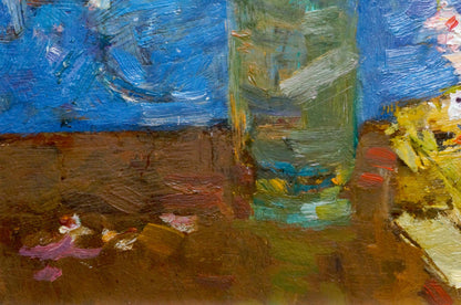 Textured impressionistic oil painting of still life with book and flower by Fedor Zakharov