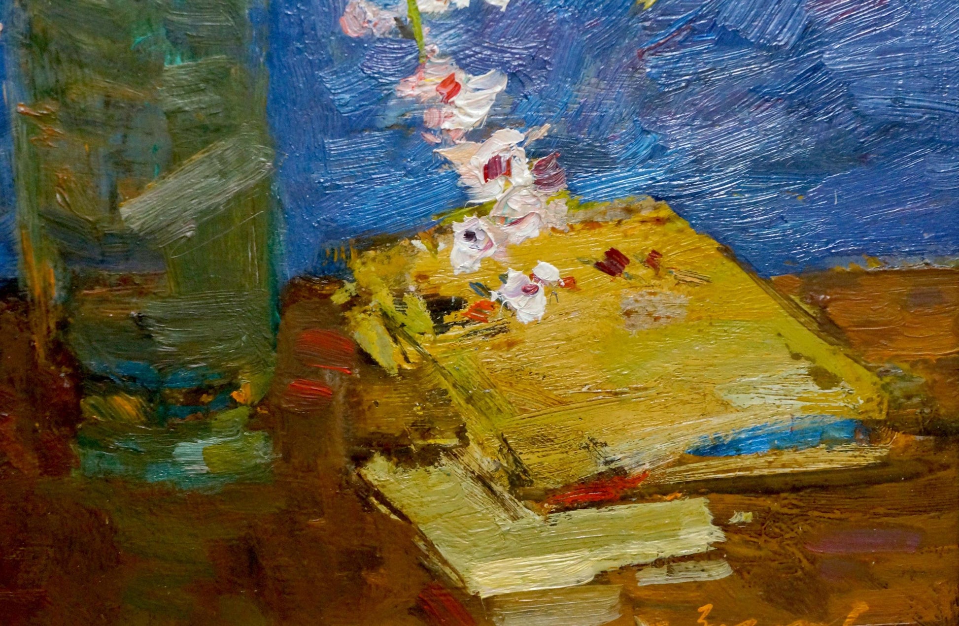 Oil painting still life with yellow book and white flowers by Fedor Zakharov