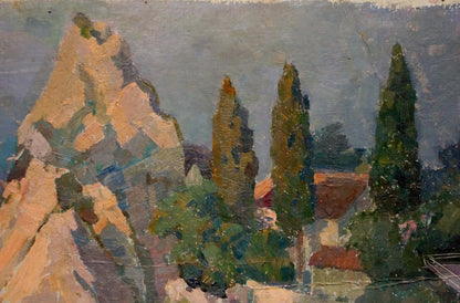 Impressionistic oil painting by Mamchich Stepan Gavriilovich: rocky shore with cypress trees