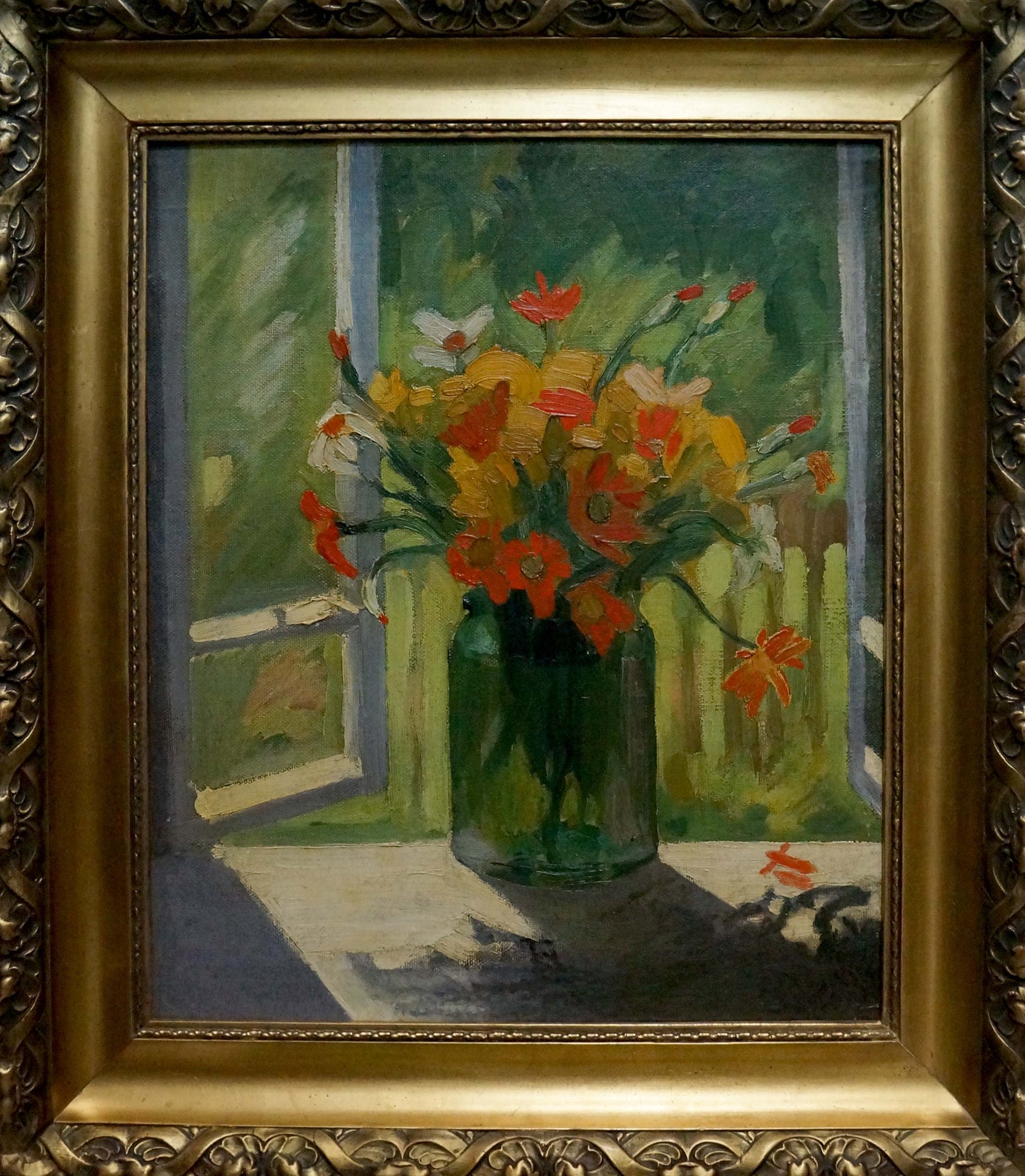 Oil painting Still life by Olga Chernysheva: vibrant orange, yellow, white flowers in green vase