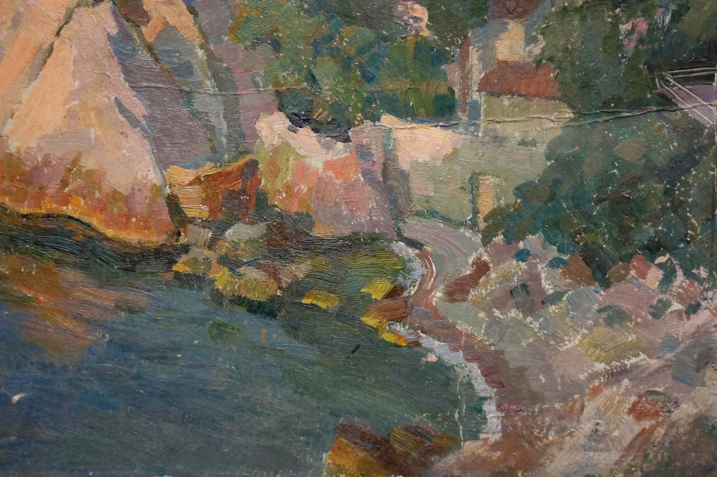 Impressionistic oil painting of rocky shore coastal village by Mamchich Stepan Gavriilovich