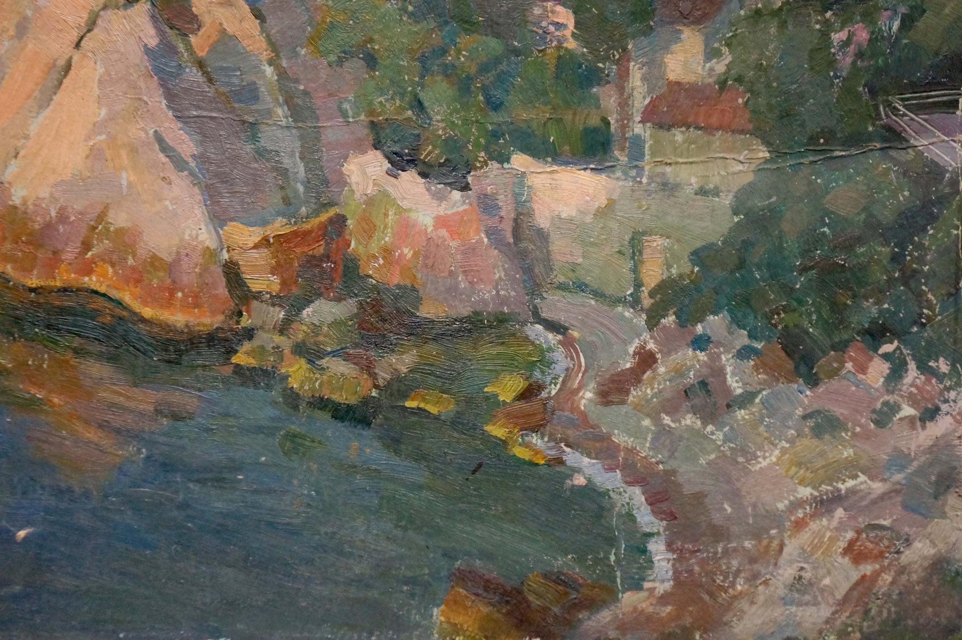 Impressionistic oil painting of rocky shore coastal village by Mamchich Stepan Gavriilovich