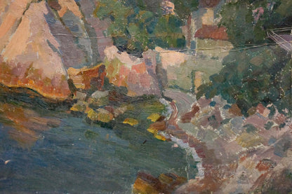 Impressionistic oil painting of rocky shore coastal village by Mamchich Stepan Gavriilovich