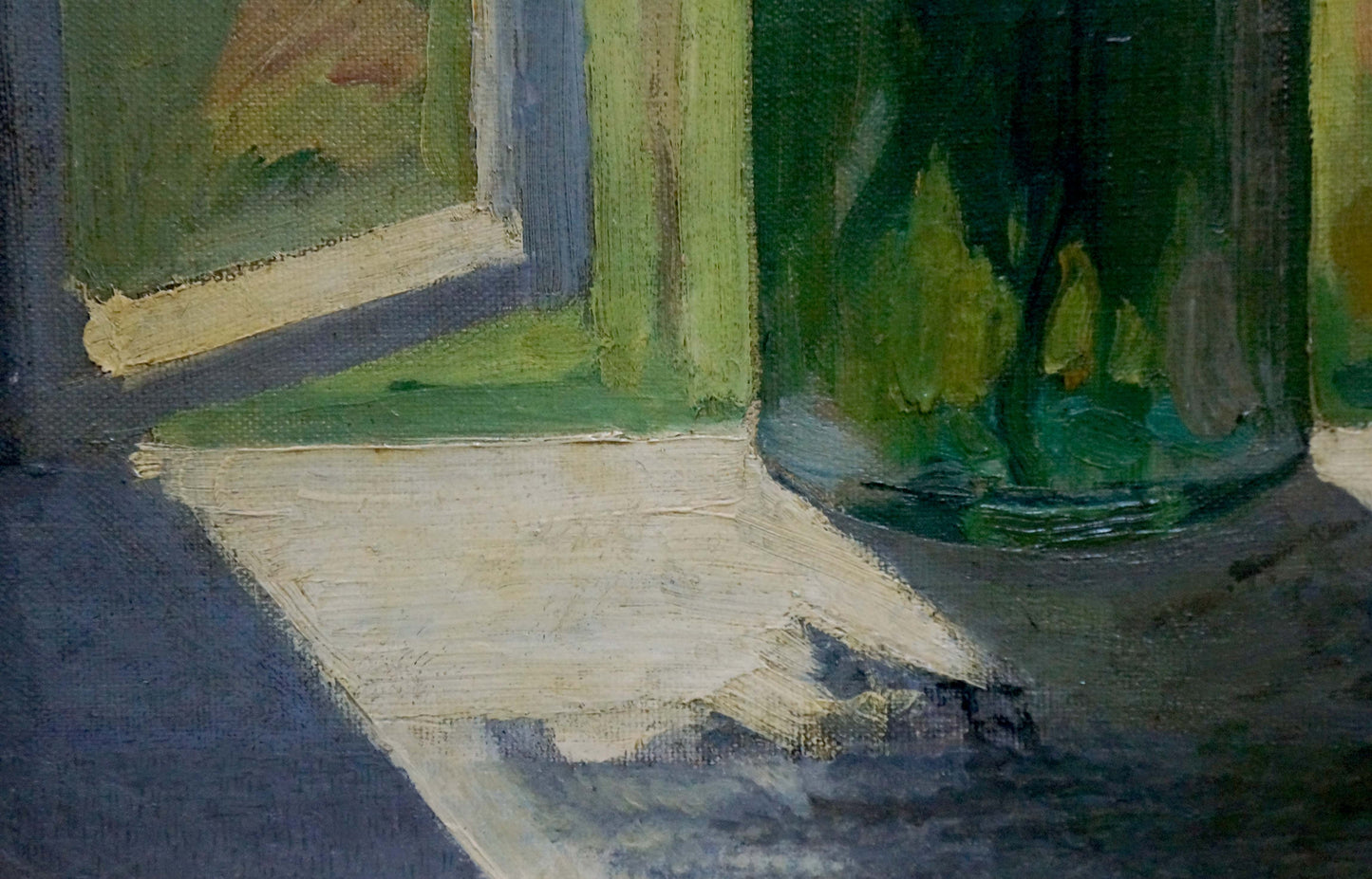 Green textured glass jar in Oil painting Still life by Olga Chernysheva