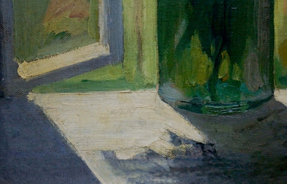 Green textured glass jar in Oil painting Still life by Olga Chernysheva