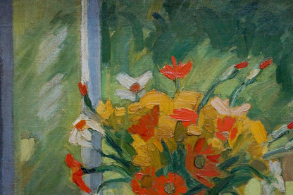 Vibrant oil painting Still life by Olga Chernysheva with red, yellow, white flowers