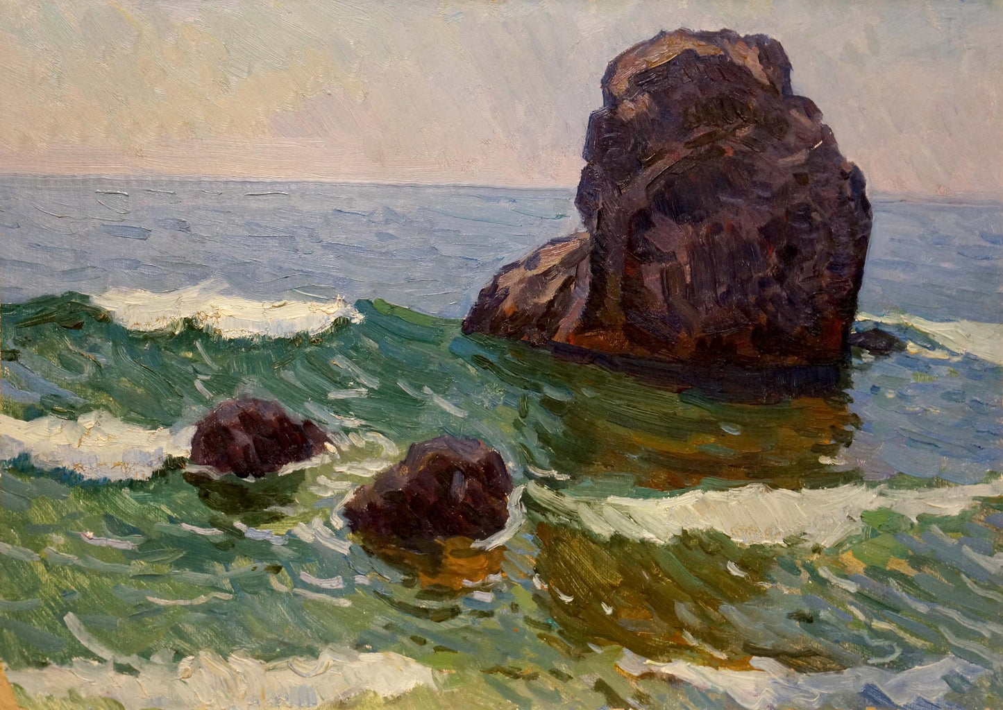 Oil painting by Gomolsky G.S.: dark rugged rock formation in turbulent ocean waves
