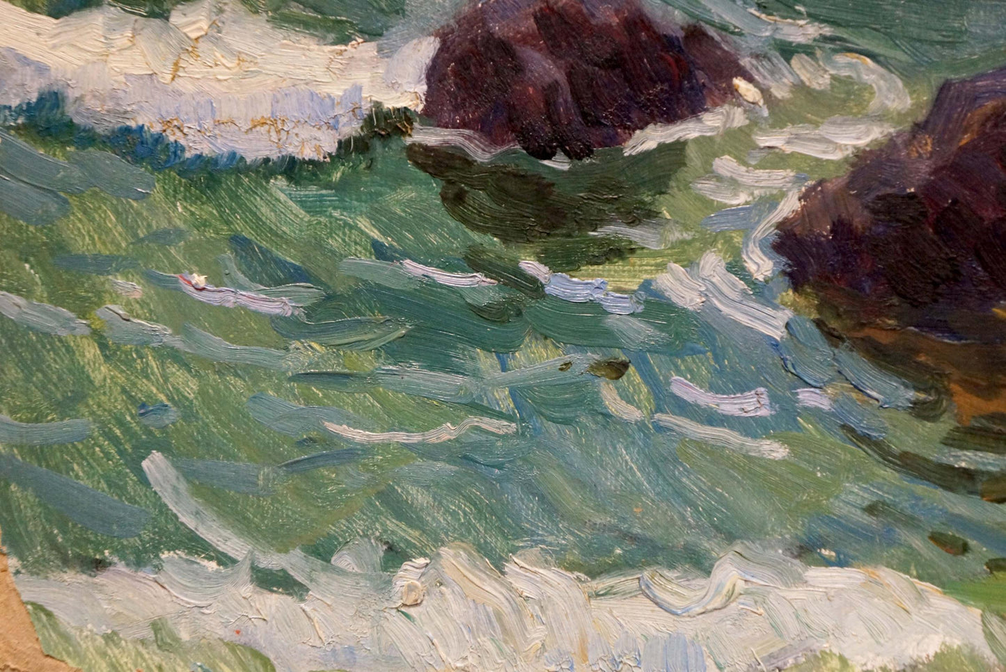 Textured oil painting by Gomolsky G.S. of turbulent green ocean waves crashing on rocks