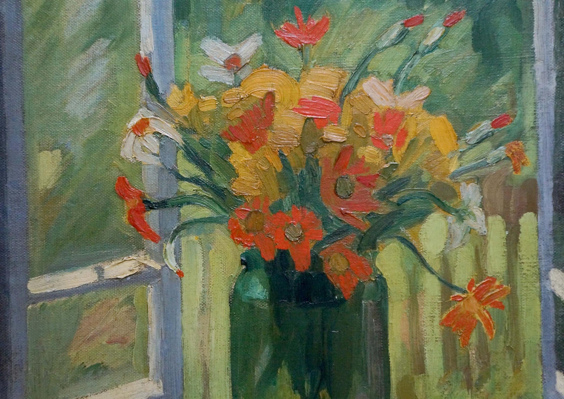 Oil painting Still life by Olga Chernysheva: vibrant red, orange, white flowers in green vase