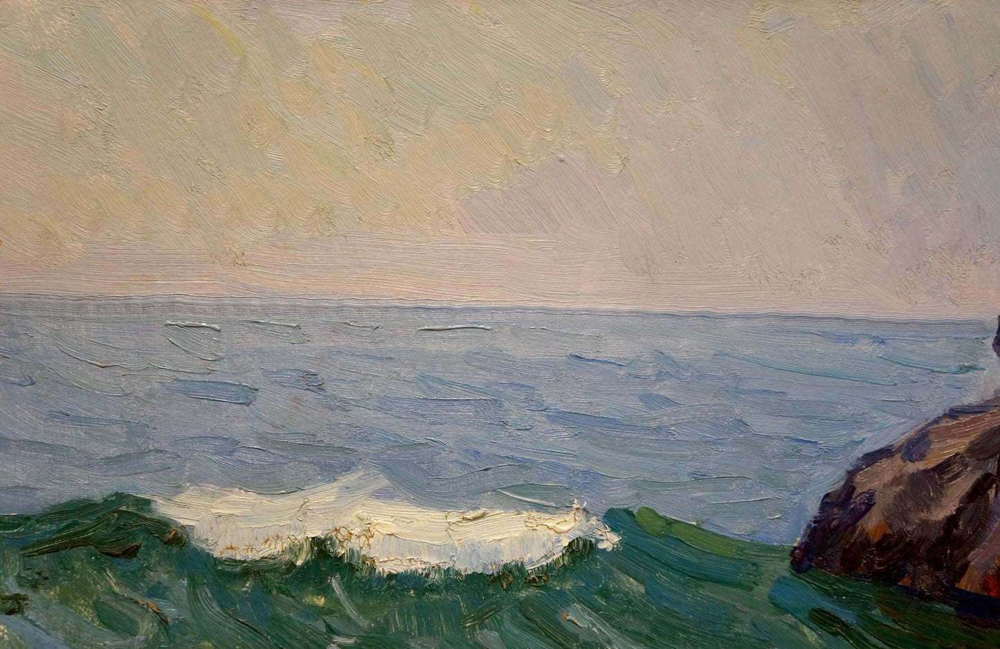 Oil painting Gomolsky G.S. Marine sketch: textured serene ocean waves on rocky shores