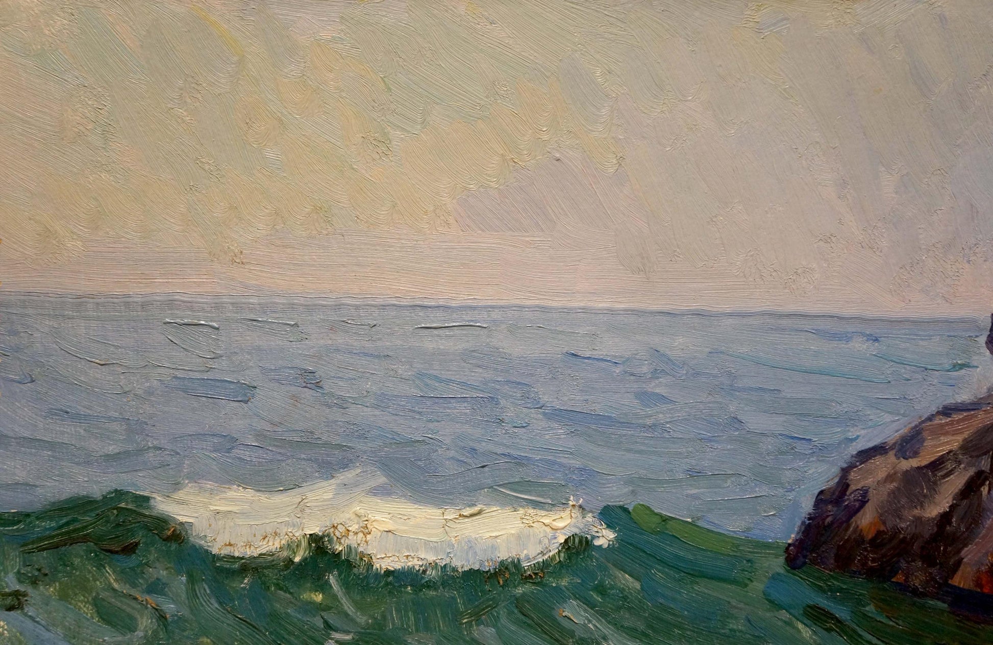 Oil painting Gomolsky G.S. Marine sketch: textured serene ocean waves on rocky shores