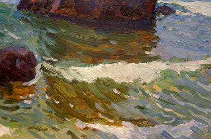 Oil painting Gomolsky G.S. Marine sketch: turbulent green-blue waves on rocks