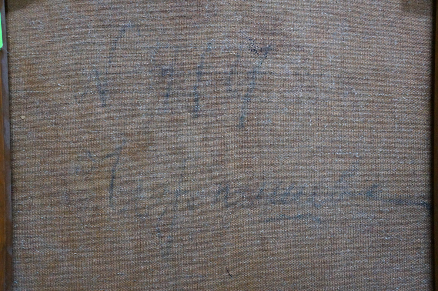 Back of Olga Chernysheva oil painting Still life with faded blue ink signature on beige canvas