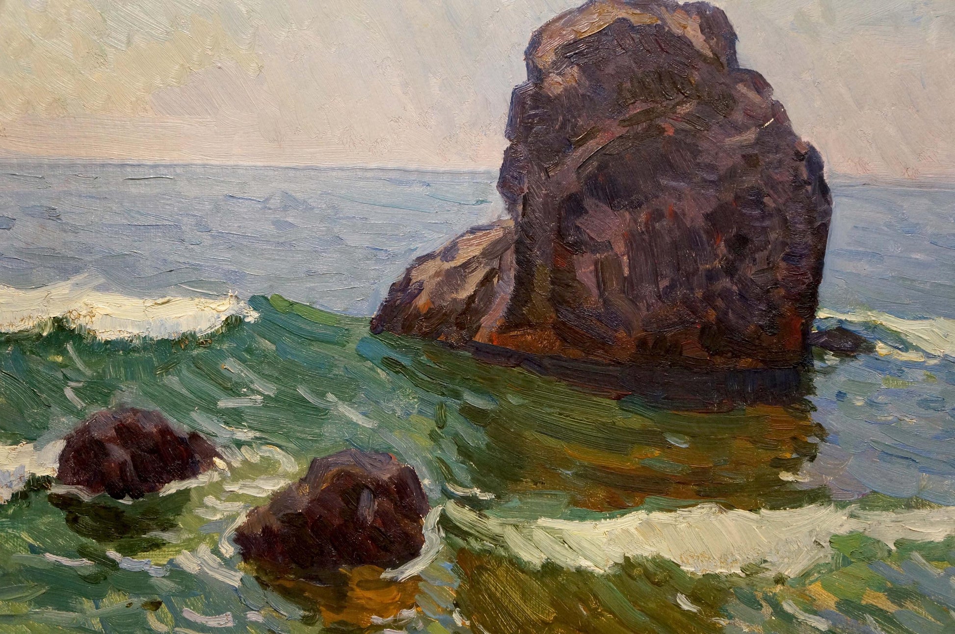 Oil painting by Gomolsky G.S.: rugged brown rock in turbulent ocean waves