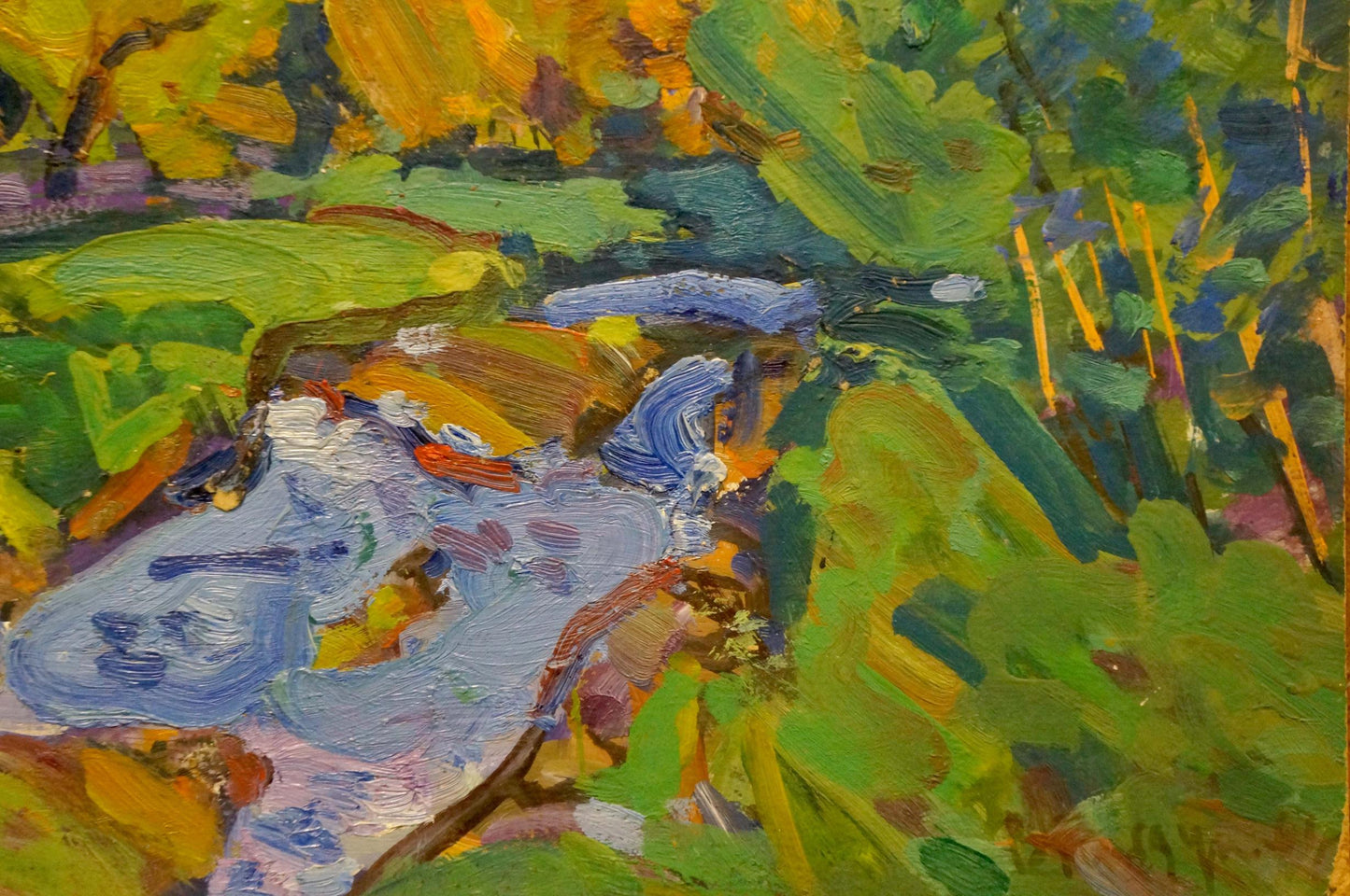 Vibrant impressionist oil painting by Gaiduk Viktor Kirillovich of stream in lush foliage