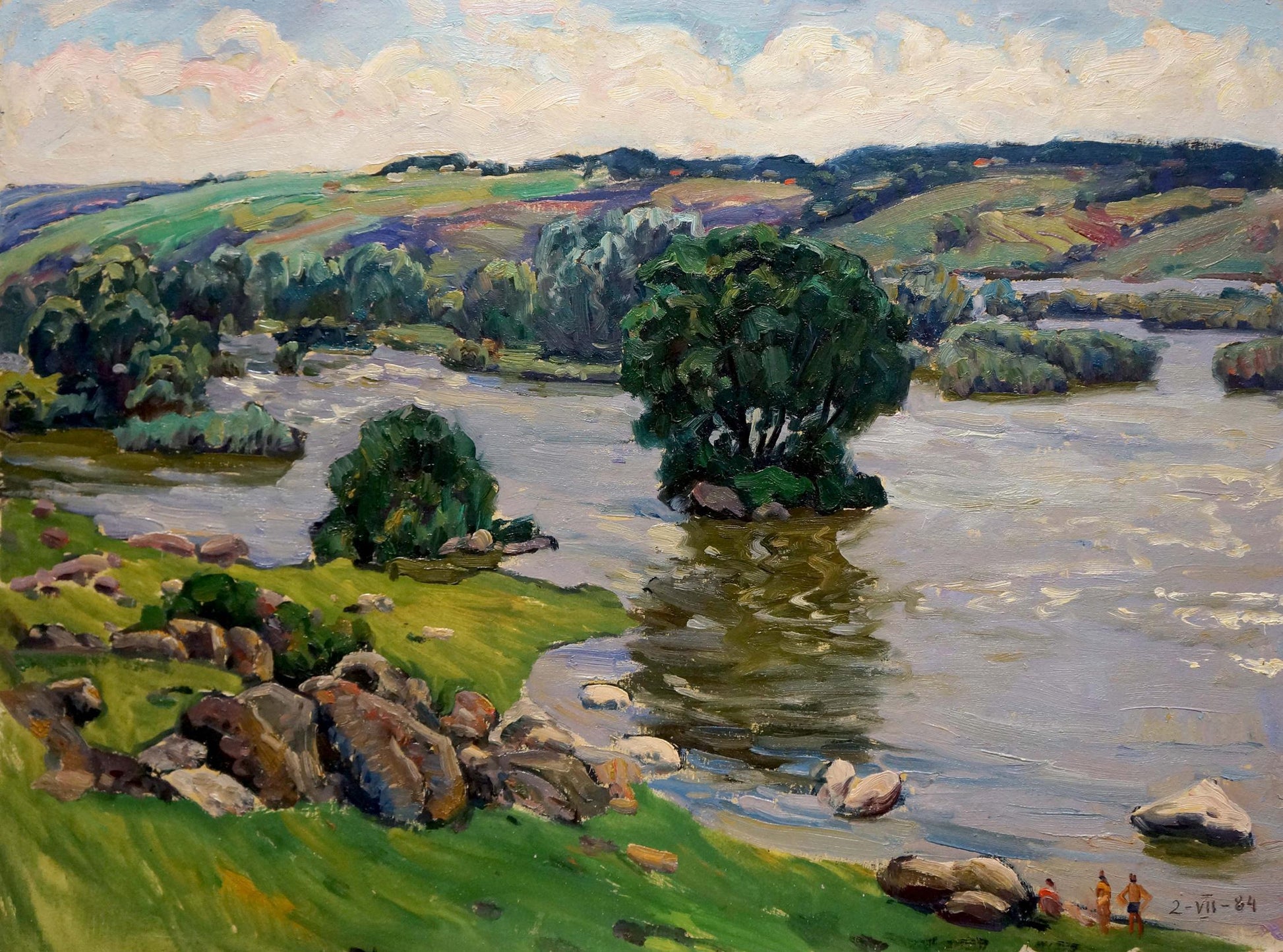Oil painting by Anatoly Fomin: river through green hills and trees