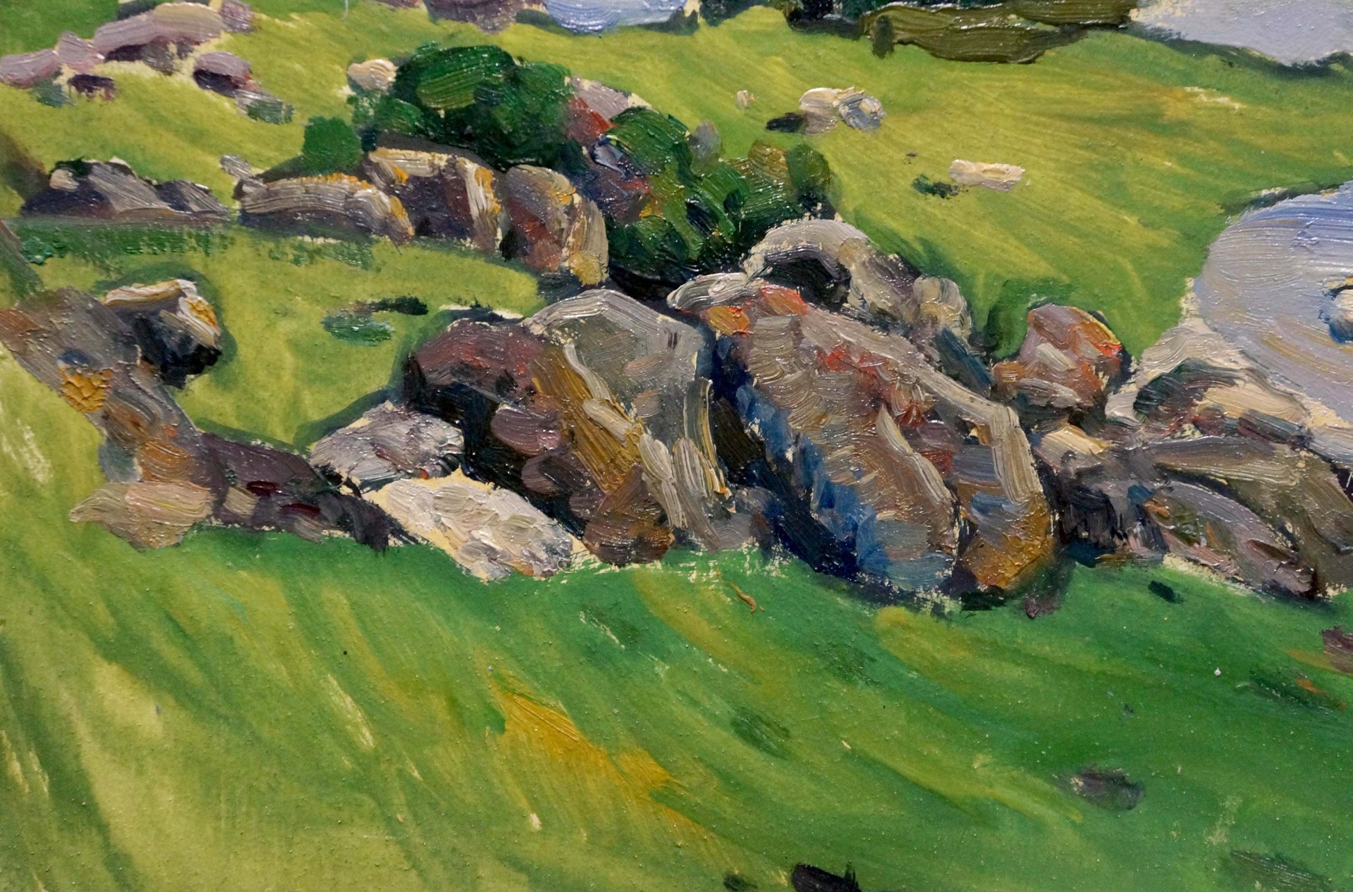 Oil painting by Anatoly Fomin: rugged rocks, green grass, river landscape