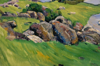Oil painting by Anatoly Fomin: rugged rocks, green grass, river landscape