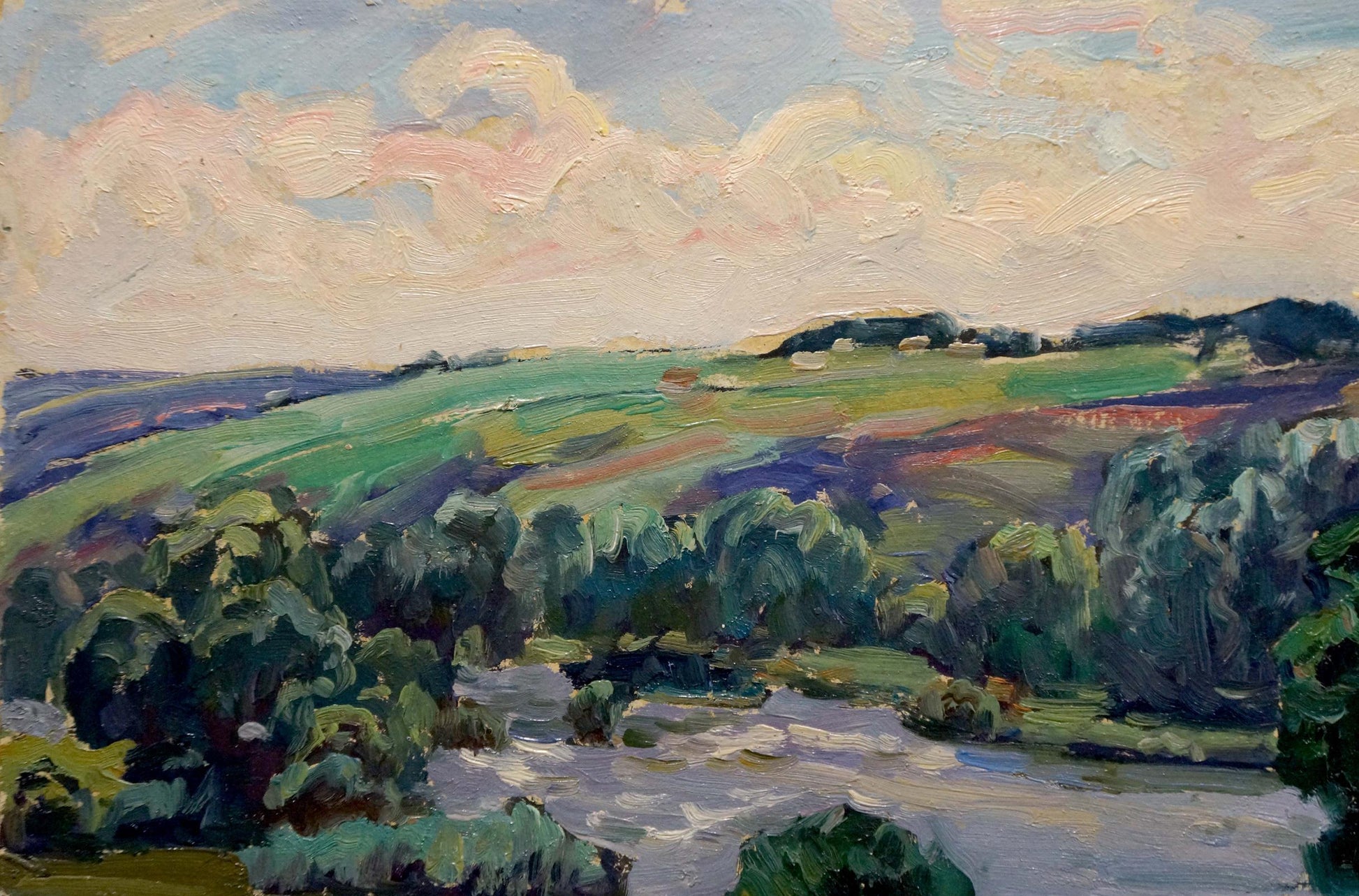 Oil painting by Anatoly Fomin: mesmerizing impressionist landscape with river