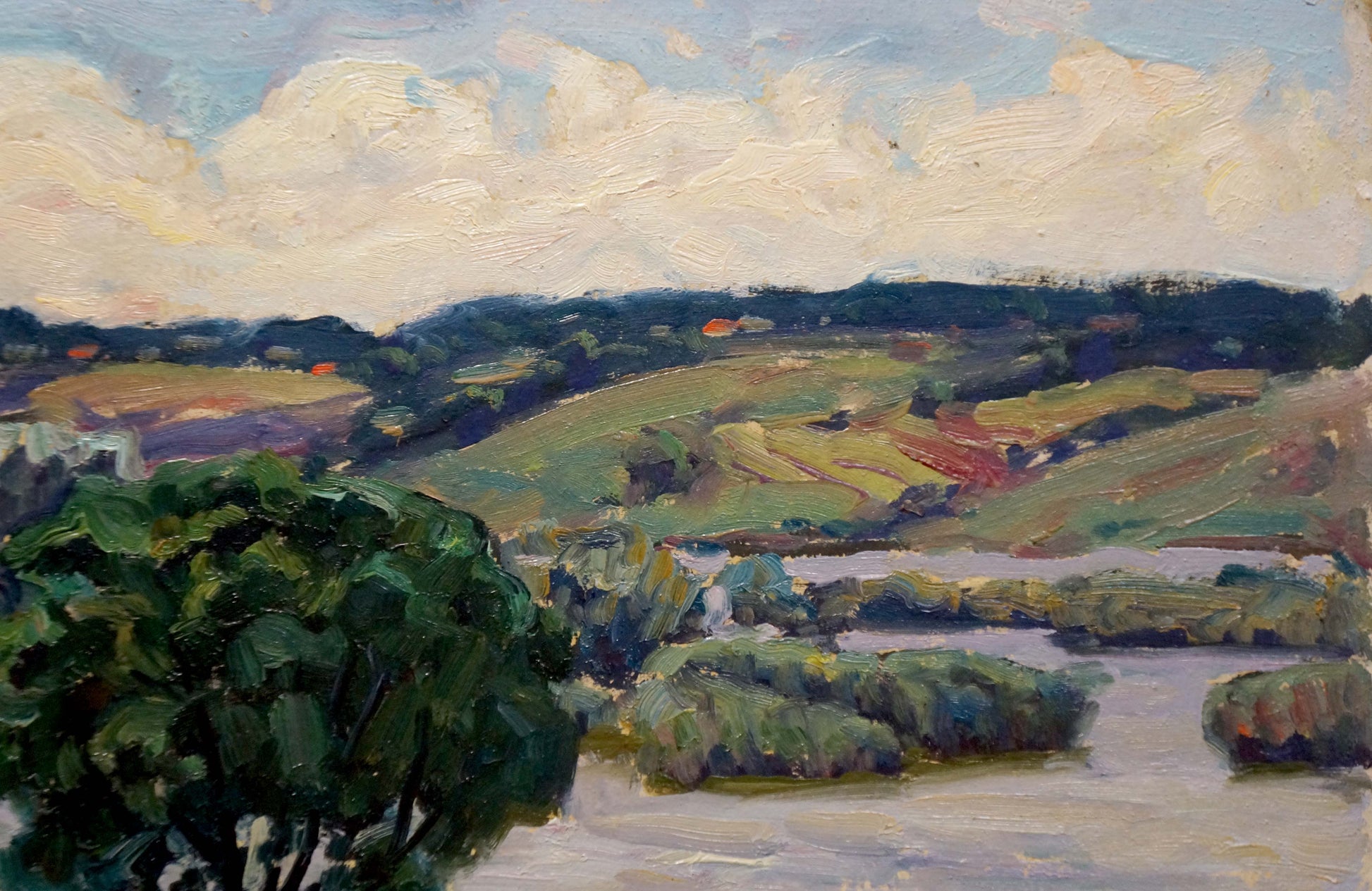 Oil painting by Anatoly Fomin: mesmerizing landscape with river, hills, fields