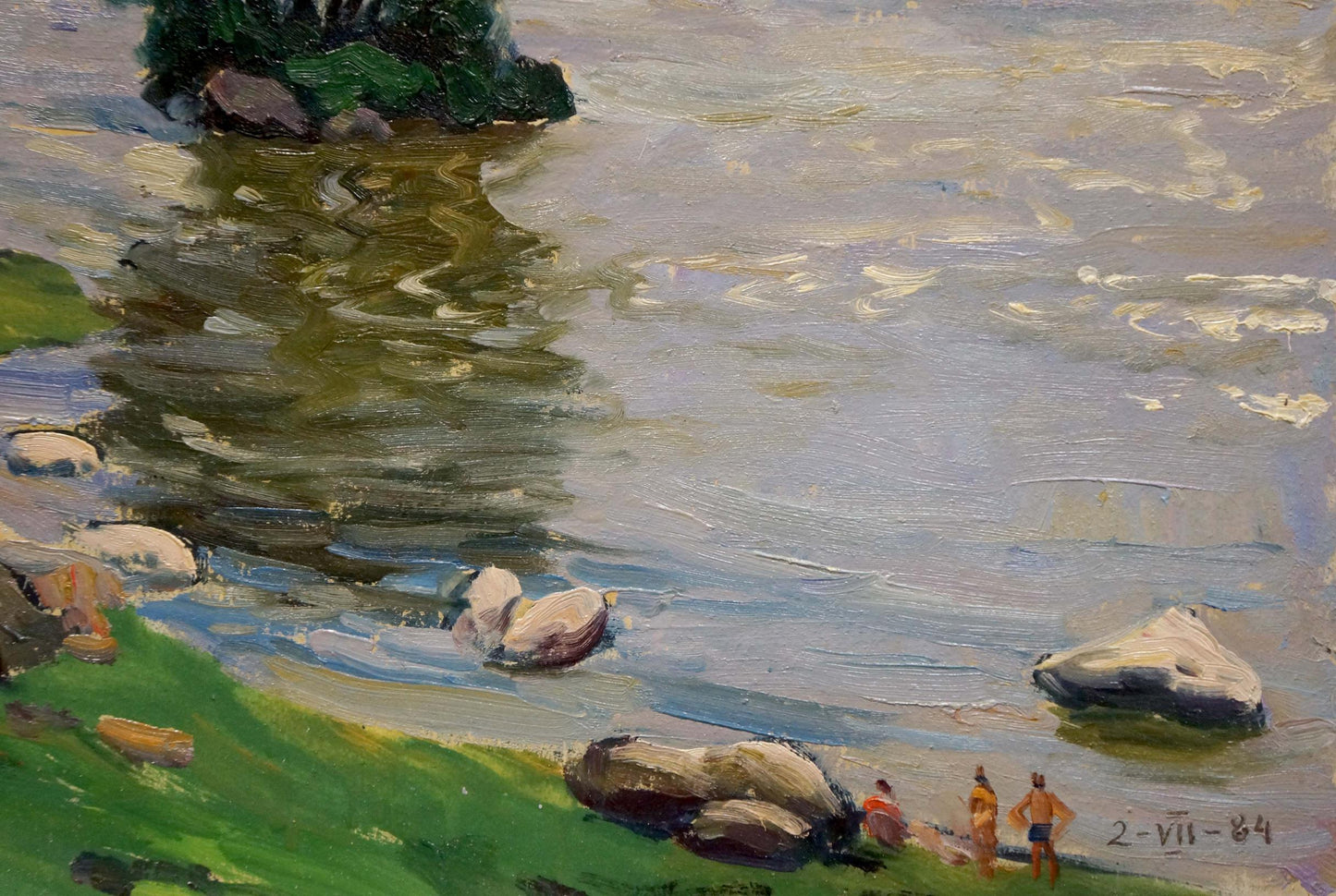 Serene oil painting by Anatoly Fomin of mesmerizing riverbank landscape