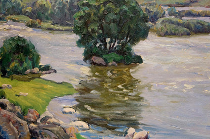 Oil painting by Anatoly Fomin: lush tree in flowing river reflection