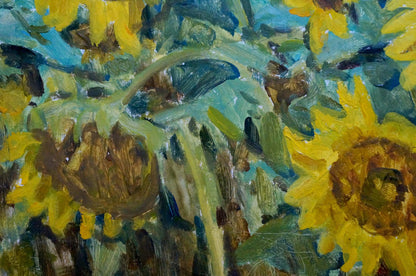 Impressionistic oil painting of vibrant yellow sunflowers by Dziuban Ivan Feodosievich