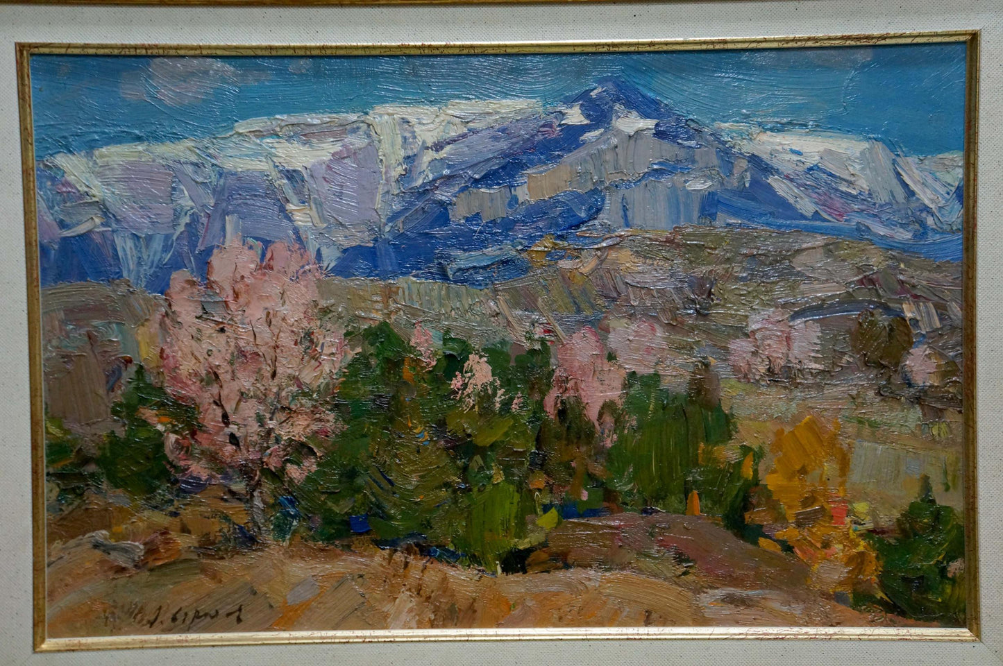 Oil painting of snowy mountain landscape by Arkady Strelov