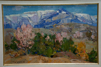 Oil painting of snowy mountain landscape by Arkady Strelov