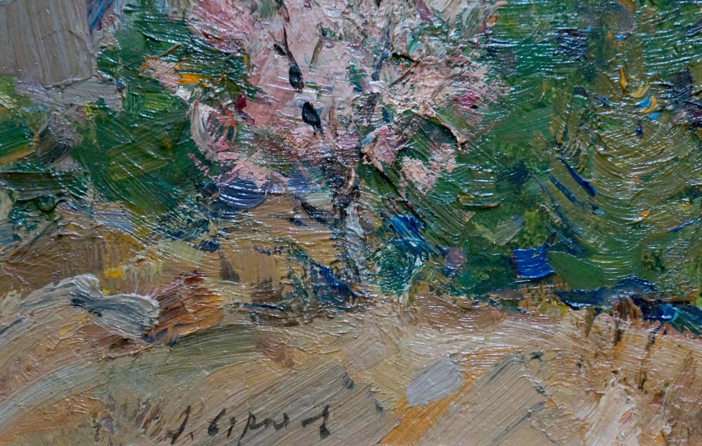 Oil painting of mountain landscape by Arkady Strelov with green foliage and pink blossoms