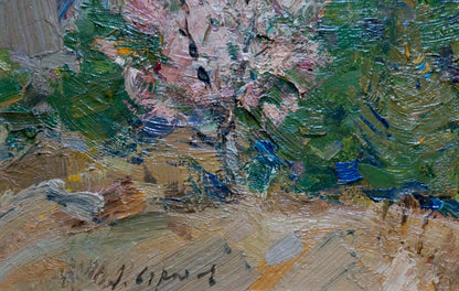 Oil painting of mountain landscape by Arkady Strelov with green foliage and pink blossoms