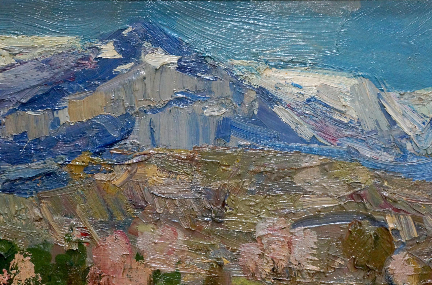 Oil painting Mountain landscape Arkady Strelov impressionistic textured blues
