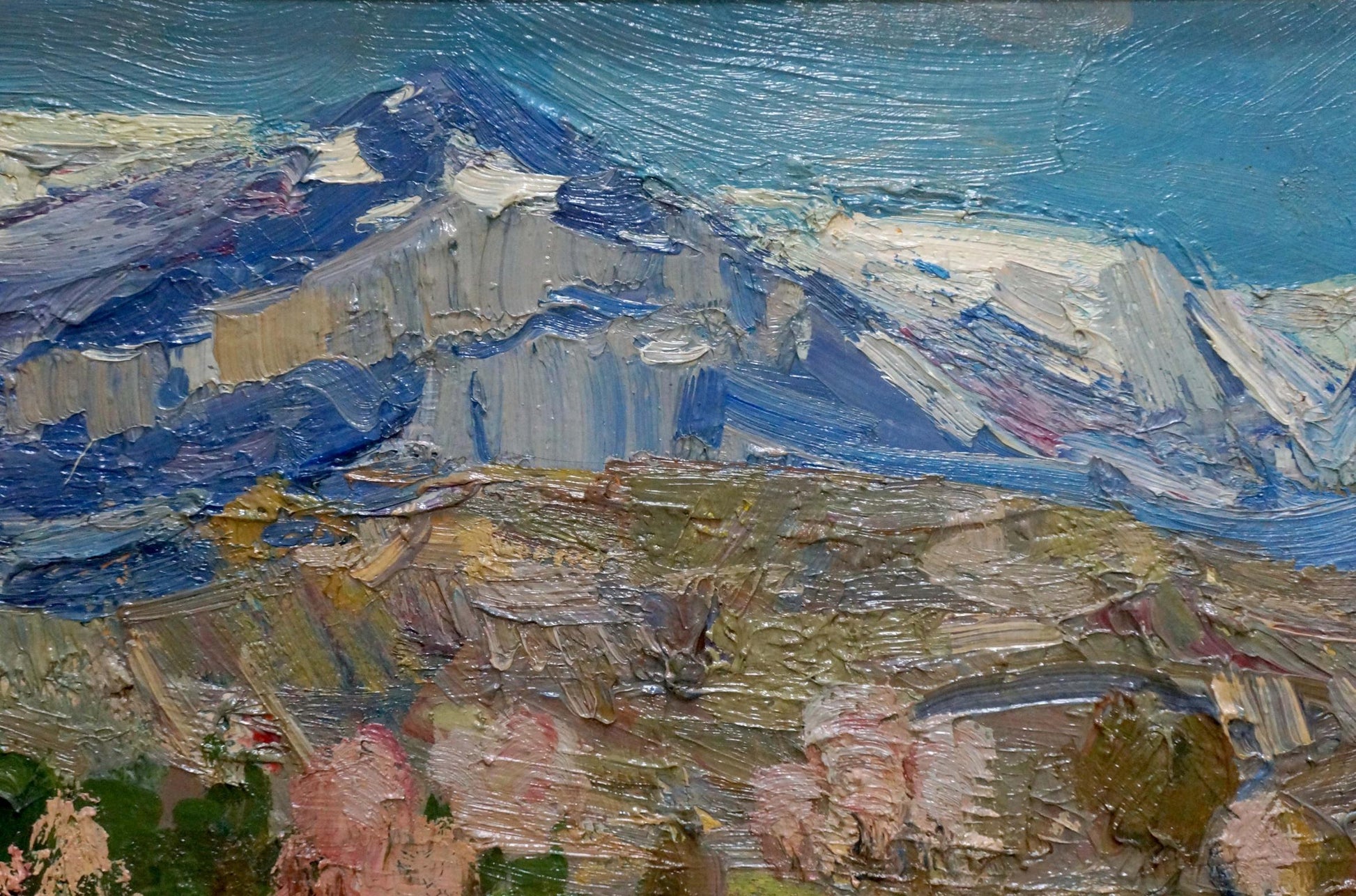 Oil painting Mountain landscape Arkady Strelov impressionistic textured blues