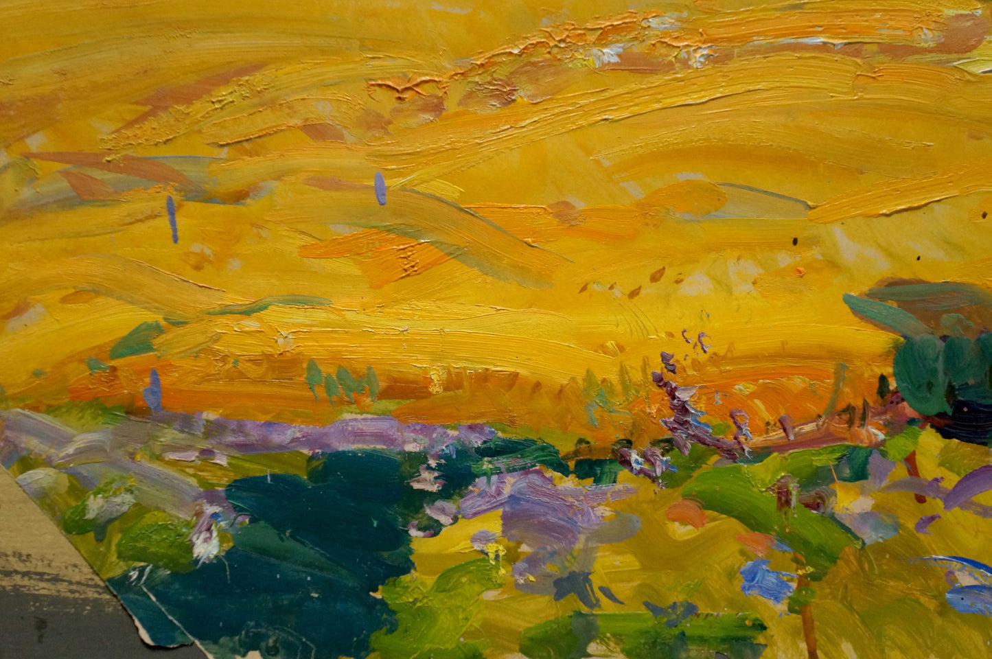 Oil painting Field landscape by Georgy Kolosovsky with vibrant yellow orange strokes