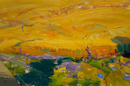 Oil painting Field landscape by Georgy Kolosovsky with vibrant yellow orange strokes
