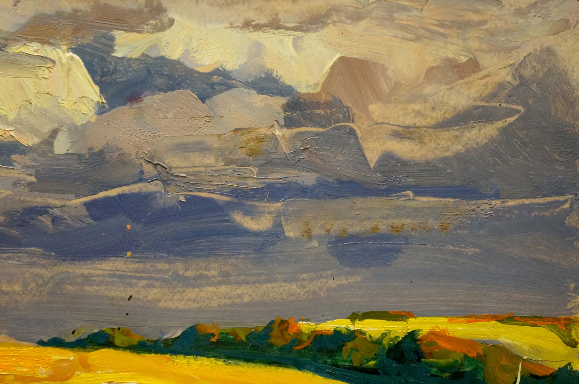 Oil painting Field landscape by Georgy Kolosovsky: textured yellow green fields dramatic sky
