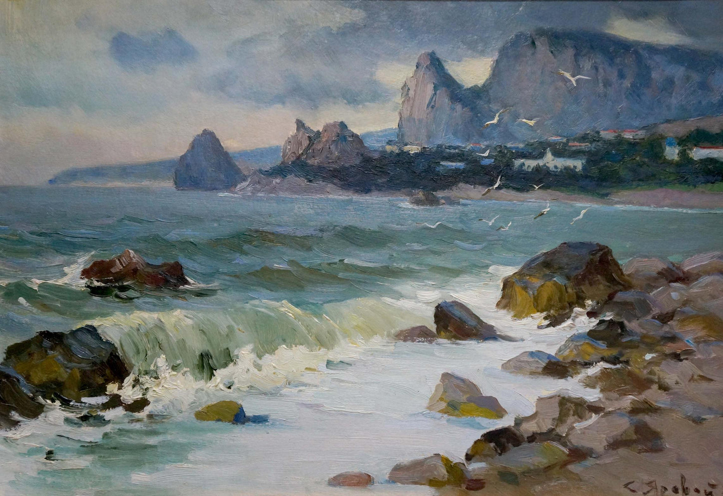 Oil painting Seascape by Stepan Yarovoy: rugged cliffs, crashing waves