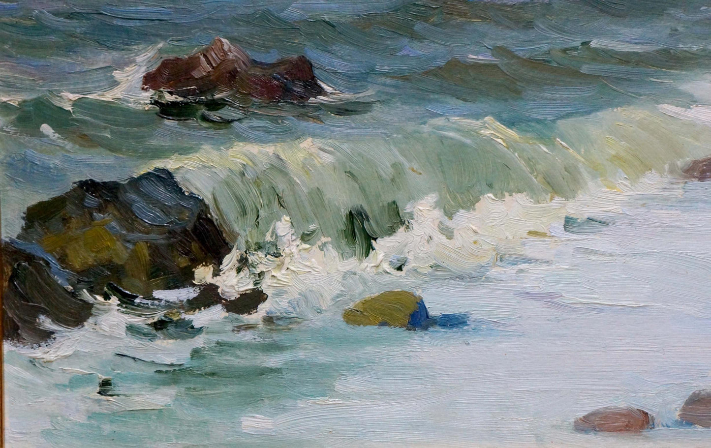 Oil painting Seascape by Stepan Yarovoy: teal crashing waves on rocks