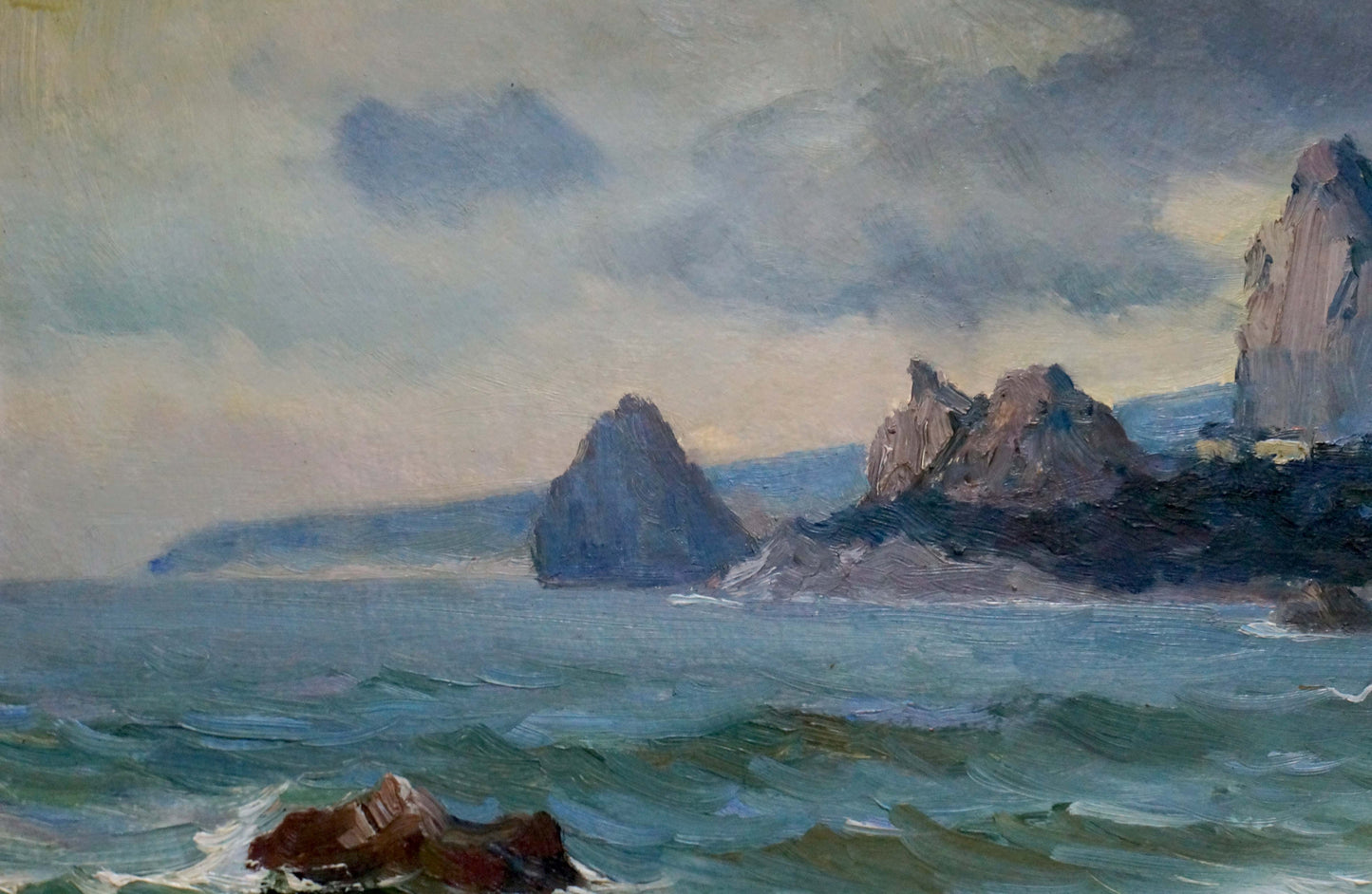 Oil painting Seascape by Stepan Yarovoy: rugged cliffs and turbulent sea