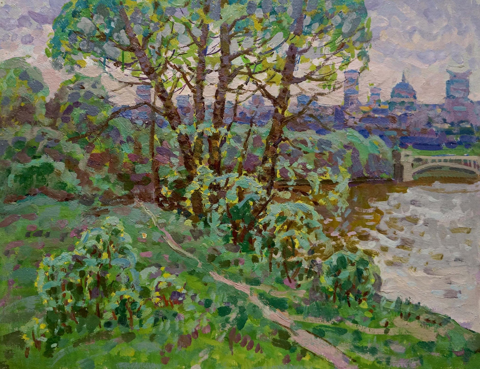 Vibrant impressionistic oil painting of lush green tree by Ruban Grigory Savelievich