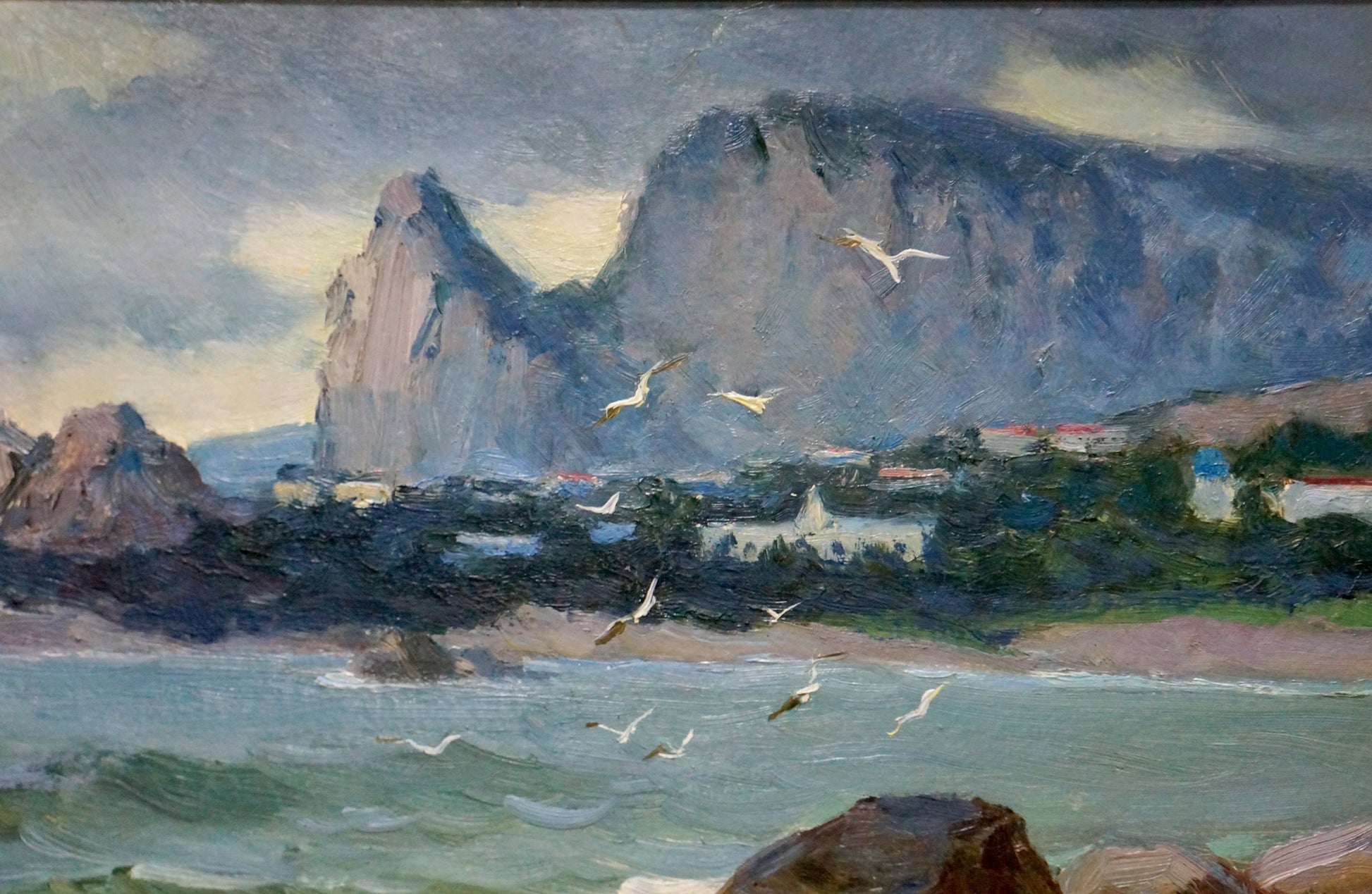 Oil painting seascape by Stepan Yarovoy: cliffs, village, seagulls over sea