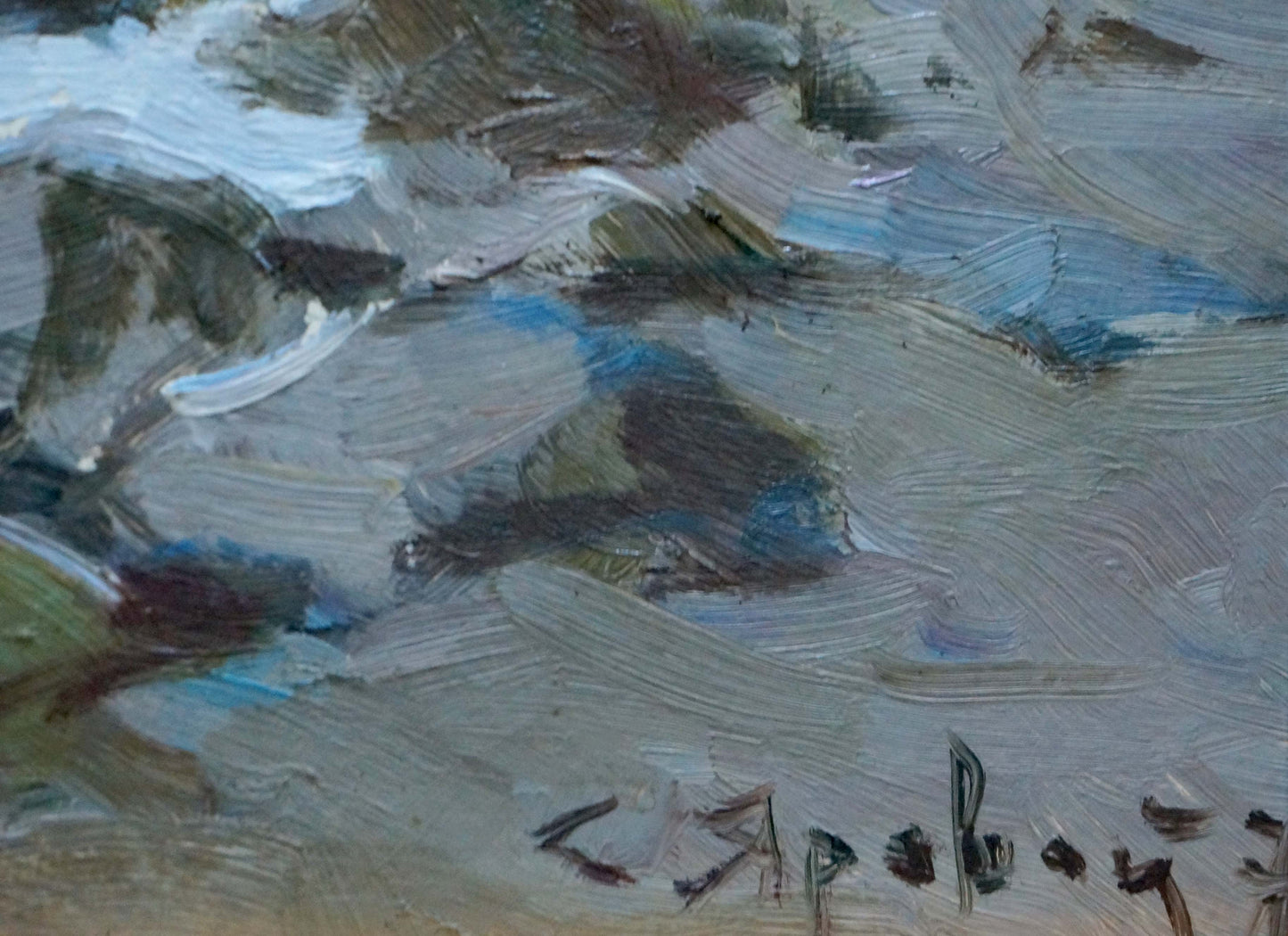 Abstract oil seascape painting by Stepan Yarovoy in gray, blue, brown